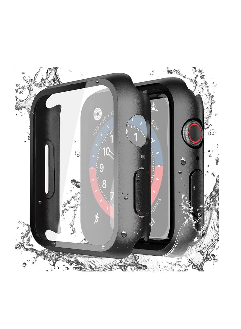 Misxi 2-Pack Waterproof Hard Case with Tempered Glass Compatible with Apple Watch SE 3 SE 2 SE Series 6 Series 5 Series 4 44mm, Ultra-Thin Protective Cover for iWatch Screen Protector, Matte Black - Image 1