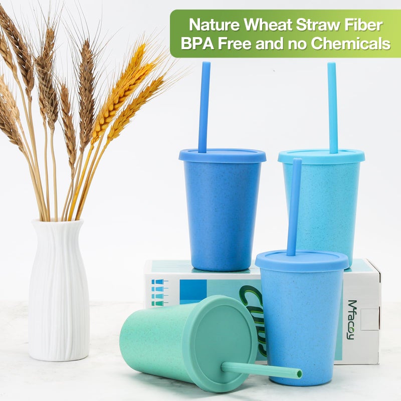 Mfacoy 4 Pack Wheat Straw Cups with Lid and Straws, 10 oz Unbreakable Kids Cups, Reusable Drinking Cups, Small Water Cups, Colourful Tumbler Cups for Kitchen, BPA Free, Dishwasher  Microwave Safe - Image 2