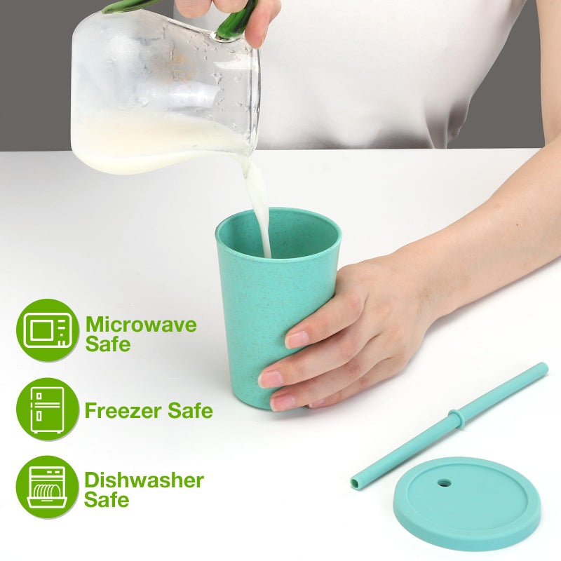 Mfacoy 4 Pack Wheat Straw Cups with Lid and Straws, 10 oz Unbreakable Kids Cups, Reusable Drinking Cups, Small Water Cups, Colourful Tumbler Cups for Kitchen, BPA Free, Dishwasher  Microwave Safe - Image 3