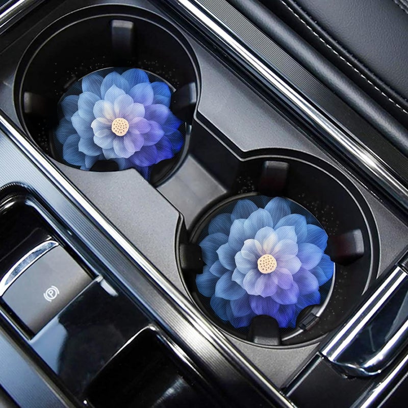 WOCOCN Cute Cup Holder Coasters for Your Car with Fingertip Grip, Auto Accessories for Women & Men,Pack of 2 (Blue Lotus Flower A) - Image 1