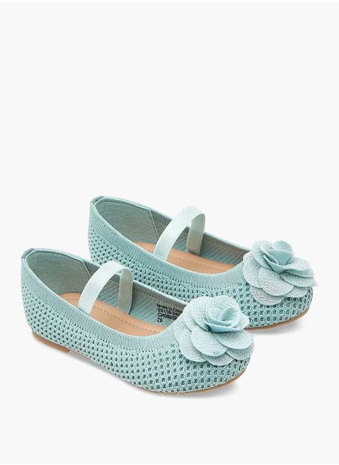 Flora Bella By Shoexpress Girls Textured Ballerina Shoes with Elastic and Flower Detail