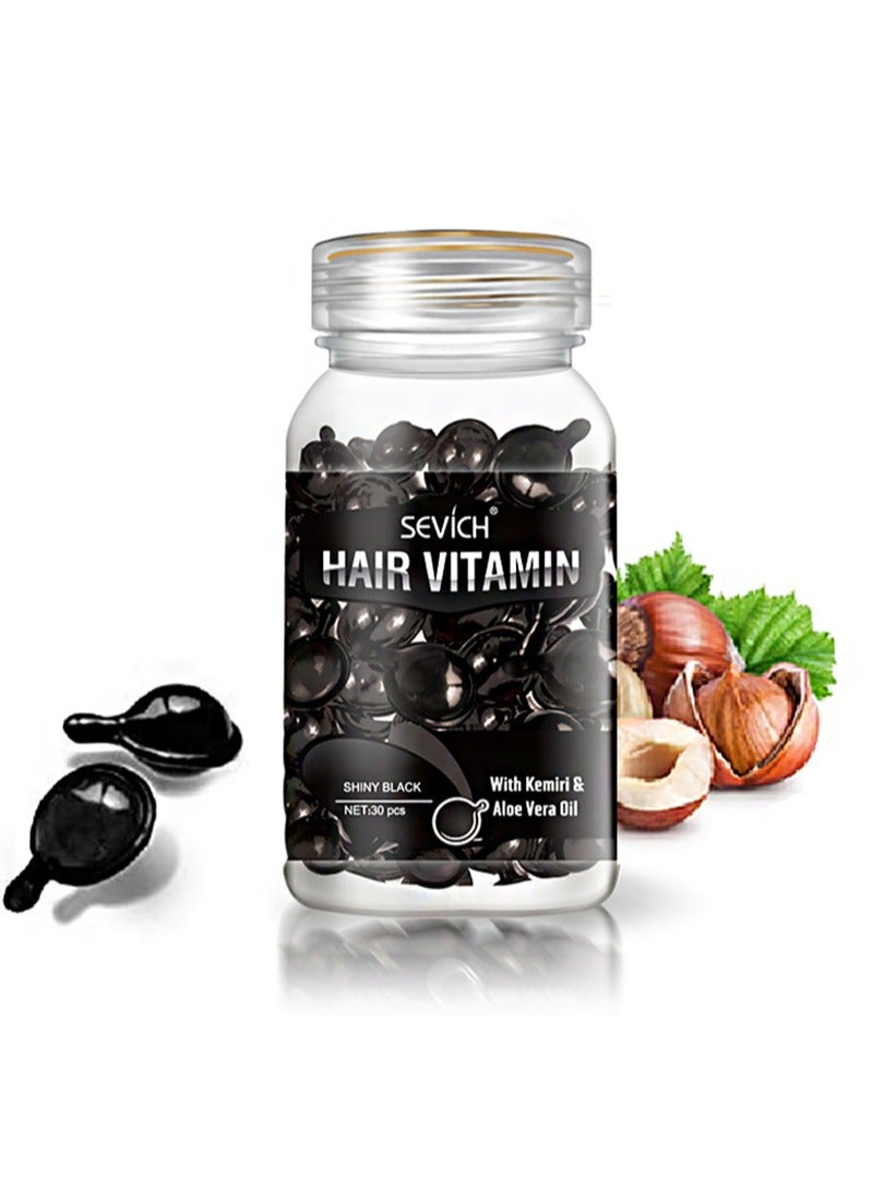 Sevich Hair Vitamin Essence Capsules，With Kemiri &Aloe Vera 0il，Hair Moisturizing Essence Formula, Contains Vitamin A C E Vitamin B5, Argan Macadamia Oil, Repairs Damaged Hair (Shiny Black 30 Capsules) - Image 1