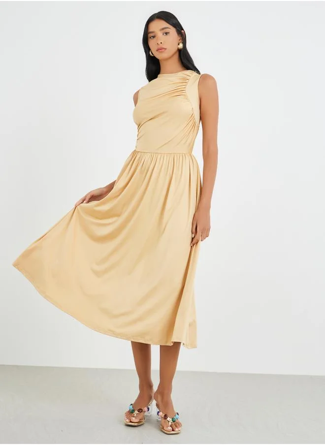 Take Two Take Two Women Beige Solid Sleeveless A-Line Midi Dress with Gathered Detail