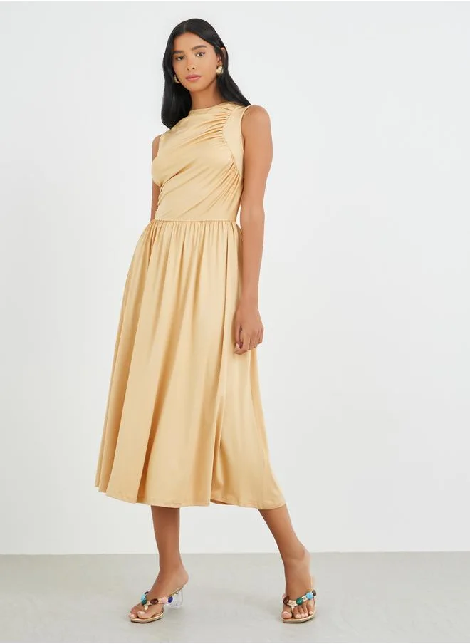 Take Two Take Two Women Beige Solid Sleeveless A-Line Midi Dress with Gathered Detail