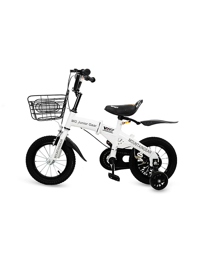 ماونتن جير دراجة أطفال قابلة للطي مزودة بفرامل يدوية ومقعد وسلة لحمل أدوات الأطفال والبنات، لون أبيض، مقاس 14 بوصة، MGFB06 - Image 1