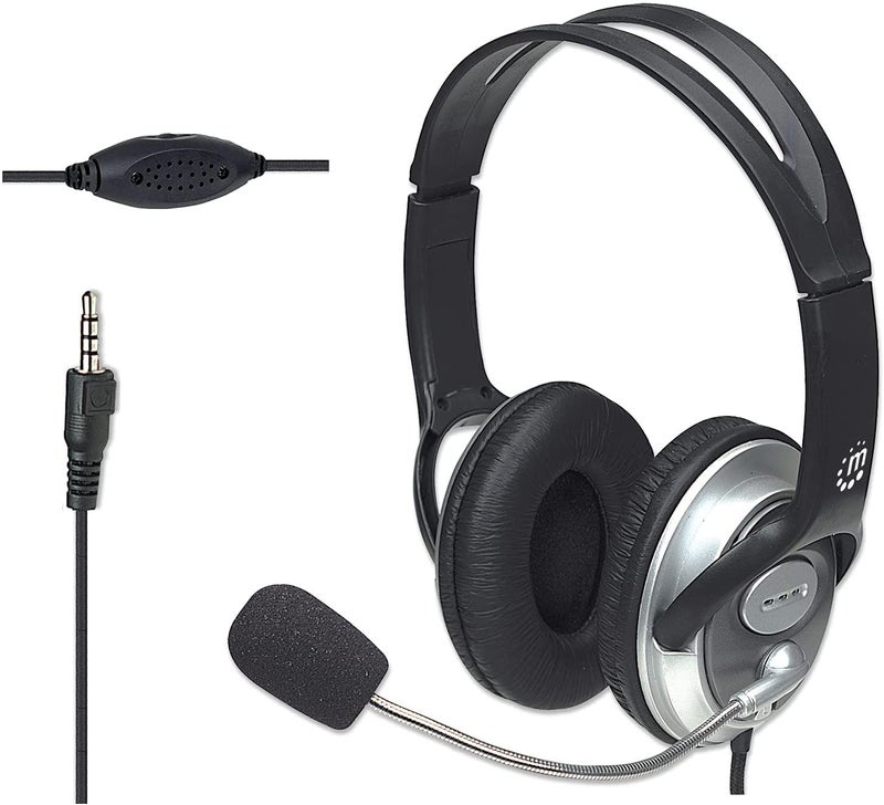 MANHATTAN Wired Headset with Microphone - with 8 ft Long Braided Stereo Cable, Single 3.5mm Plug Jack, Volume Control, Flexible Mic – for Computer, Laptop, PC, Phone – 3 Yr Mfg Warranty – 180825 - Image 1