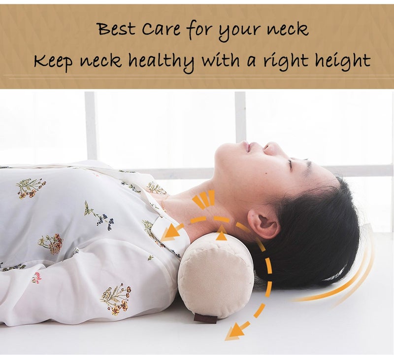 Alibo Beige Bolster Adjustable Firm Neck Round Roll Support Pillow 18.9" x3.9" with Washable Pillowcase Pain Relief Cervical Roll Pillow for Back Sleeper,Linear Traction Cylinder Pillow - Image 2