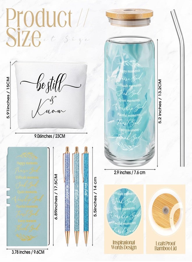 Spakon 6 Pcs Christian Gifts for Women Bible Verse A6 Leather Journal Notebook 16 oz Glass Cup Glitter Ballpoint Pen Makeup Bag Inspirational Gifts for Church Valentines(Blue) - Image 2