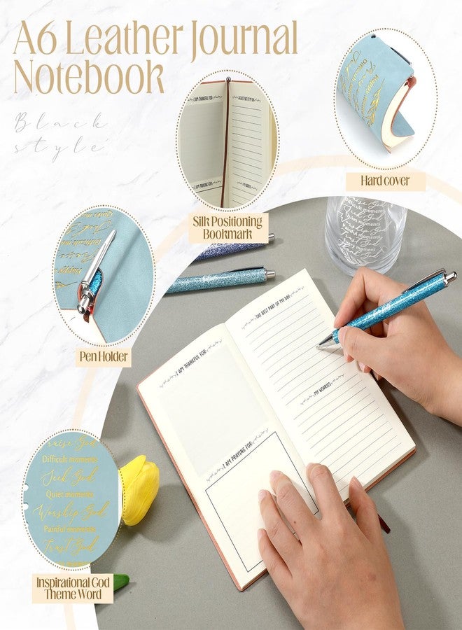 Spakon 6 Pcs Christian Gifts for Women Bible Verse A6 Leather Journal Notebook 16 oz Glass Cup Glitter Ballpoint Pen Makeup Bag Inspirational Gifts for Church Valentines(Blue) - Image 3