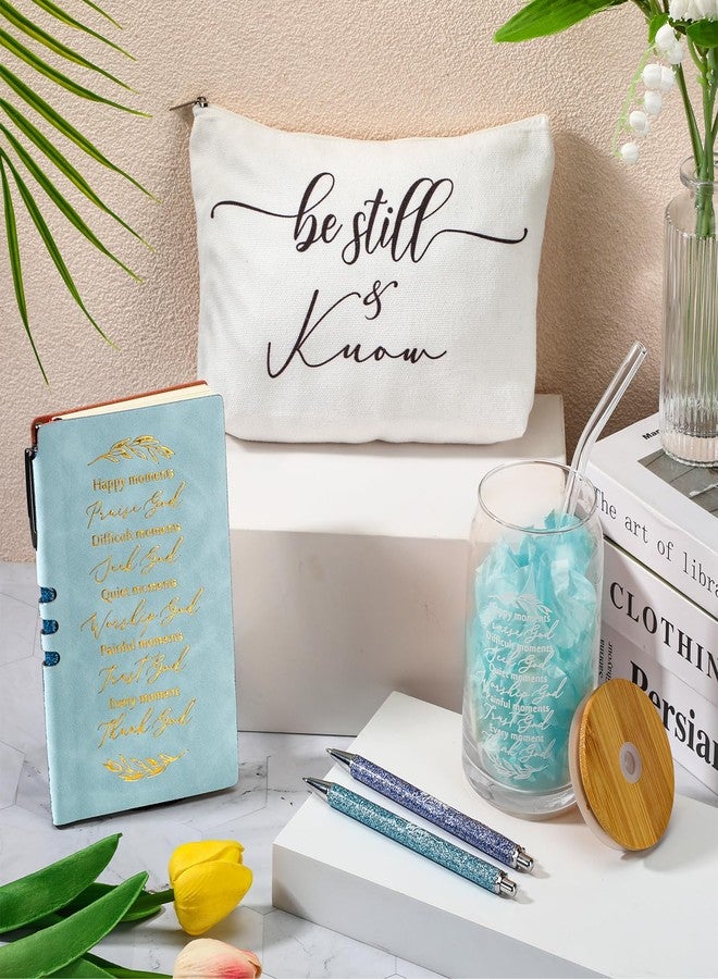 Spakon 6 Pcs Christian Gifts for Women Bible Verse A6 Leather Journal Notebook 16 oz Glass Cup Glitter Ballpoint Pen Makeup Bag Inspirational Gifts for Church Valentines(Blue) - Image 4