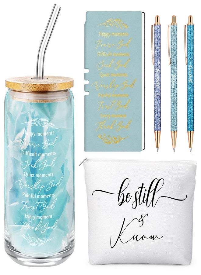 Spakon 6 Pcs Christian Gifts for Women Bible Verse A6 Leather Journal Notebook 16 oz Glass Cup Glitter Ballpoint Pen Makeup Bag Inspirational Gifts for Church Valentines(Blue) - Image 1