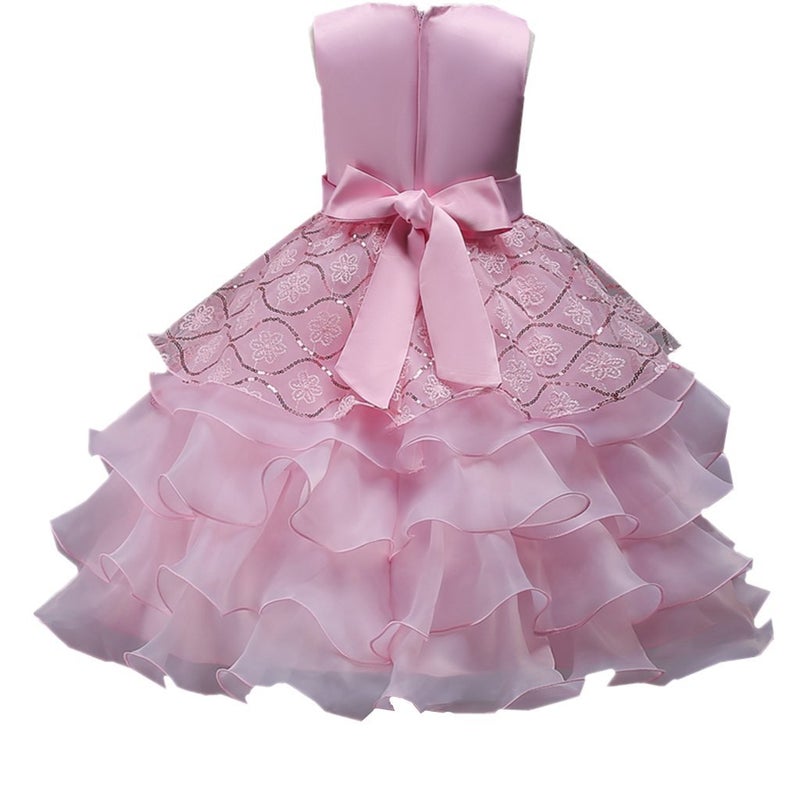 DreamHigh Wedding Flower Girl's Ruffles Lace Cute Bow Waist Evening Dress up Pink 7-8 Years - Image 3