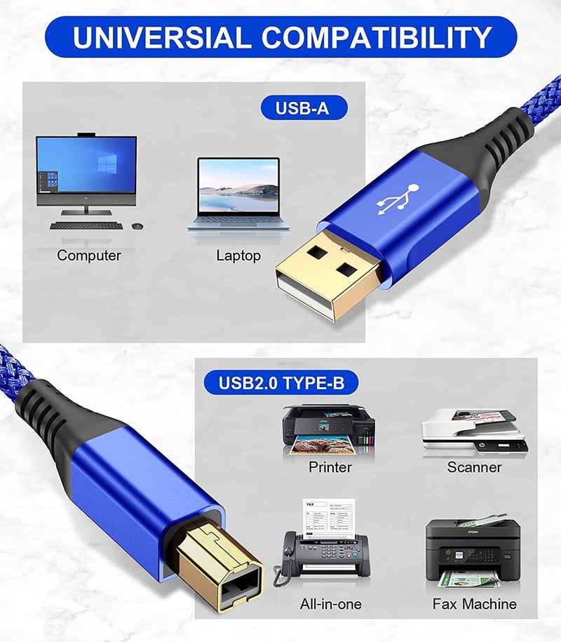 rts High Speed Printer Cable (5M / 16.40 Feet) USB 2.0 Printer Cable USB-A to USB-B Cable, Nylon Braided Scanner Printer Cord for HP Canon Dell Epson Brother Lexmark Xerox Samsung & More-Blue - Image 2