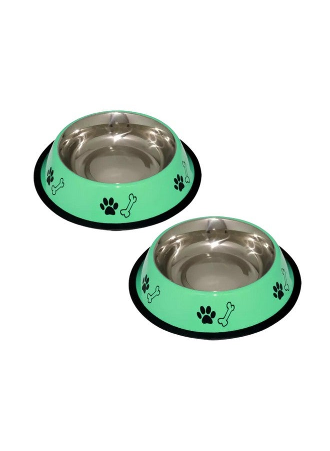 وعاء طعام/ماء من الفولاذ المقاوم للصدأ مطبوع عليه عظمة مخلب ملونة للكلاب والقطط وأي حيوانات أليفة (700 مل - عبوة من قطعتين، أخضر) مع قاع مطاطي غير قابل للانزلاق - Image 1