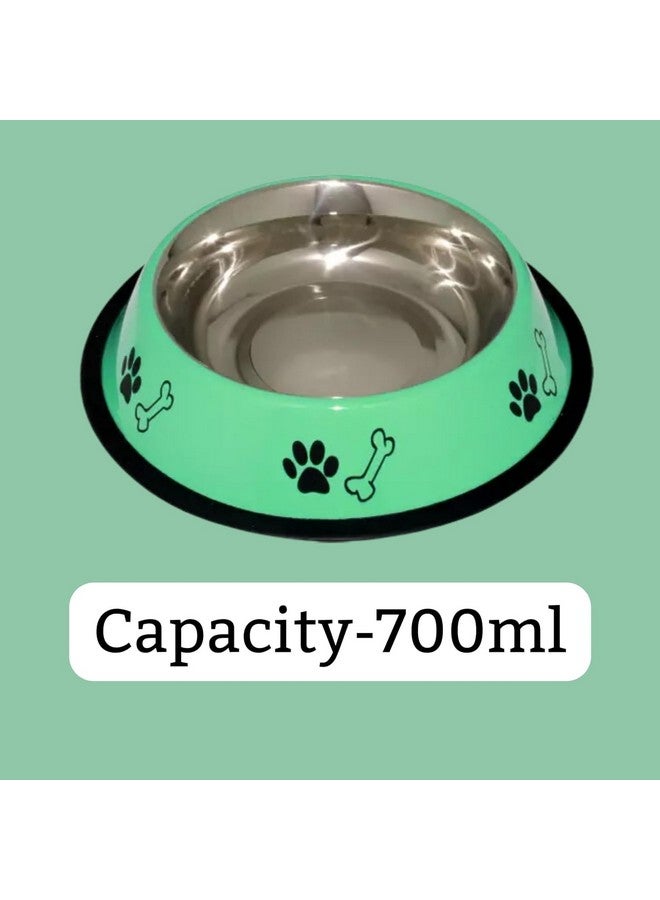 وعاء طعام/ماء من الفولاذ المقاوم للصدأ مطبوع عليه عظمة مخلب ملونة للكلاب والقطط وأي حيوانات أليفة (700 مل - عبوة من قطعتين، أخضر) مع قاع مطاطي غير قابل للانزلاق - Image 2