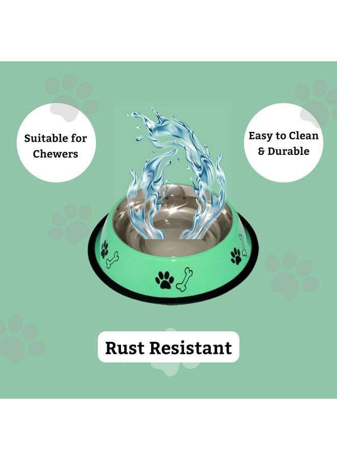 وعاء طعام/ماء من الفولاذ المقاوم للصدأ مطبوع عليه عظمة مخلب ملونة للكلاب والقطط وأي حيوانات أليفة (700 مل - عبوة من قطعتين، أخضر) مع قاع مطاطي غير قابل للانزلاق - Image 3