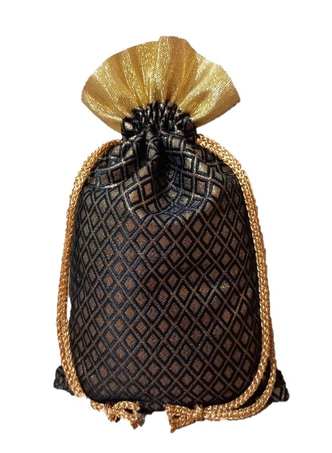 Manvicare Black & Gold Brocade Fabric Potli Bags for Diwali Gift Wrap - 1 Potli - 9.5" by 6.5" - Image 1
