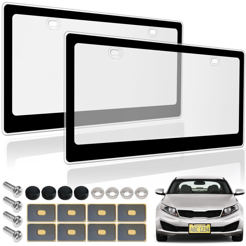 BGGTMO Clear License Plate Covers Black Car Tag Frame Unbreakable Number Plate Protector with Screws Caps and Rattle Proof Pads 2 Pack for Front Rear