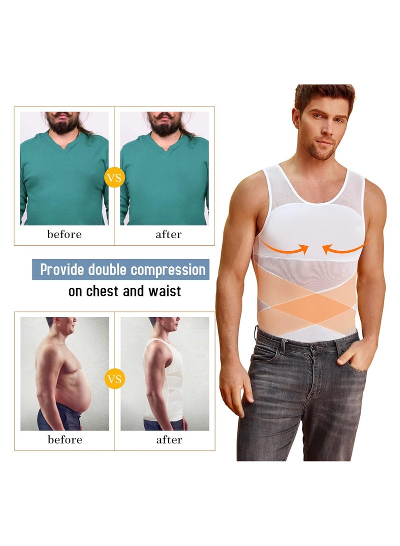 KASTWAVE Compression Shirts for Men Slimming, Workout Mesh Tank Top Undershirts Shapewear Tight Tummy Underwear, Sleeveless Slimming Vest Men, White - L Size - Image 3