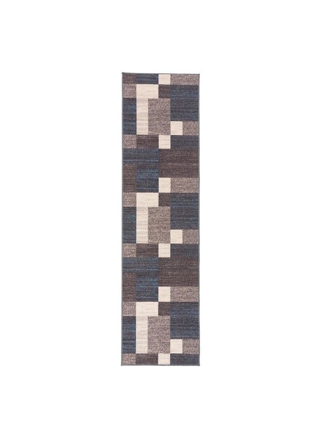 Rugshop سجادة عداء بتصميم صناديق حديثة غير قابلة للانزلاق (غير زلقة) 2' X 7' (22" X 84") زرقاء - Image 3