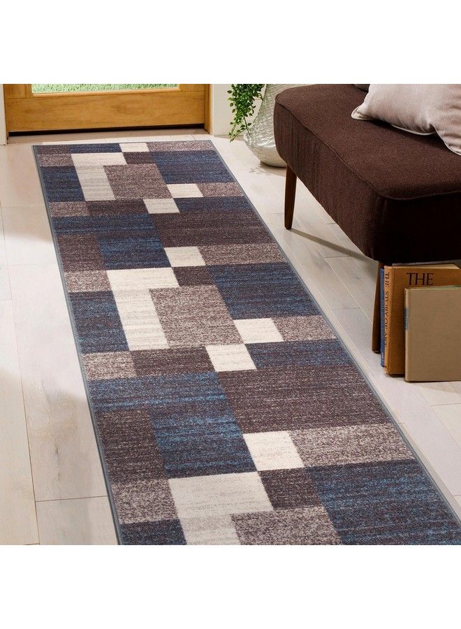 Rugshop سجادة عداء بتصميم صناديق حديثة غير قابلة للانزلاق (غير زلقة) 2' X 7' (22" X 84") زرقاء - Image 5