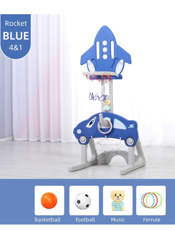 فول جوي مجموعة كرة السلة 4 في 1 على شكل صاروخ تجمع بين لعبة كرة السلة و كرة القدم ولعبة الرمي الدائري وموسيقي ,أزرق - Image 1