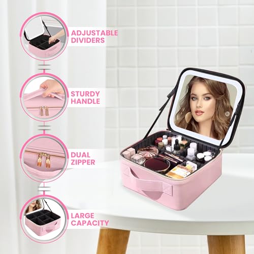 Oceanevo Small Cosmetic Organizer Bag with Rechargeable LED Mirror and Makeup Sponge Included, Makeup Vanity Box with 3 LED Brightness Modes and Adjustable Dividers - 26 x 23 x 11 Cm - Rose Gold PU - Image 4