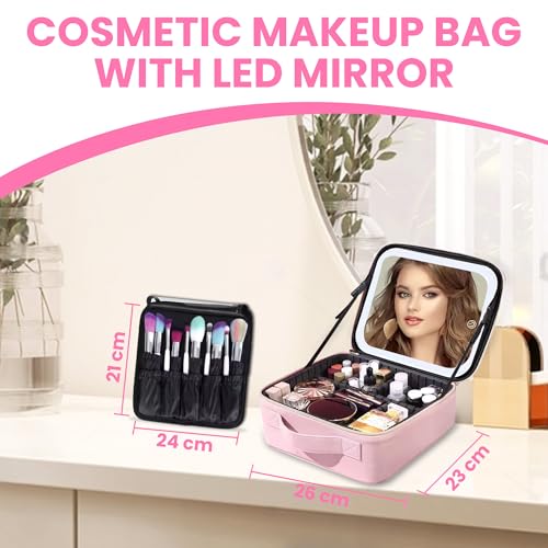 Oceanevo Small Cosmetic Organizer Bag with Rechargeable LED Mirror and Makeup Sponge Included, Makeup Vanity Box with 3 LED Brightness Modes and Adjustable Dividers - 26 x 23 x 11 Cm - Rose Gold PU - Image 3