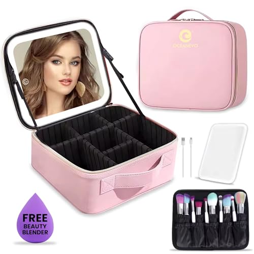 Oceanevo Small Cosmetic Organizer Bag with Rechargeable LED Mirror and Makeup Sponge Included, Makeup Vanity Box with 3 LED Brightness Modes and Adjustable Dividers - 26 x 23 x 11 Cm - Rose Gold PU - Image 2