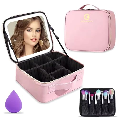 Oceanevo Small Cosmetic Organizer Bag with Rechargeable LED Mirror and Makeup Sponge Included, Makeup Vanity Box with 3 LED Brightness Modes and Adjustable Dividers - 26 x 23 x 11 Cm - Rose Gold PU - Image 1
