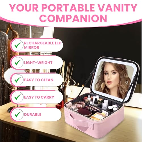 Oceanevo Small Cosmetic Organizer Bag with Rechargeable LED Mirror and Makeup Sponge Included, Makeup Vanity Box with 3 LED Brightness Modes and Adjustable Dividers - 26 x 23 x 11 Cm - Rose Gold PU - Image 5