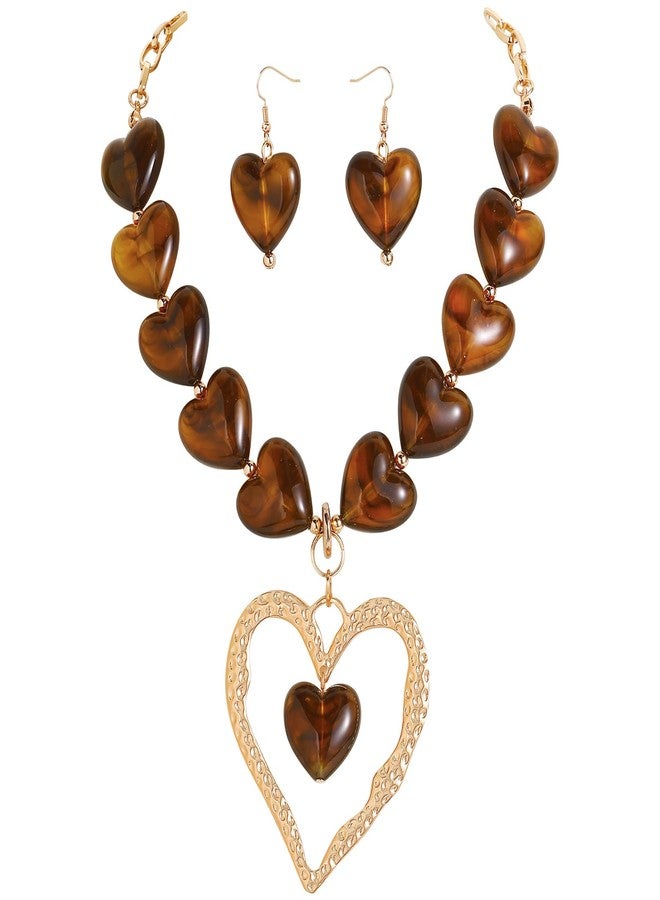 Coiris Chunky Heart Necklace Earrings Jewelry Set for Women Statement Beaded Large Pendant Gold Puffy Heart Necklace Jewelry Set Gift - Image 1