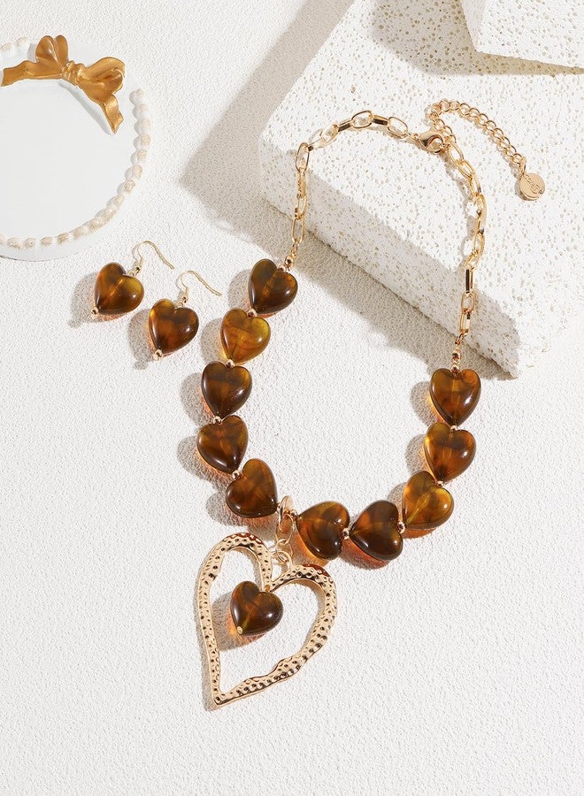 Coiris Chunky Heart Necklace Earrings Jewelry Set for Women Statement Beaded Large Pendant Gold Puffy Heart Necklace Jewelry Set Gift - Image 5