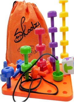 Skoolzy Peg Board 30 Piece Set - Montessori Toys for 2 Year Old Girls & Boys Gifts - Stacking Sensory Toys for Toddlers, Fine Motor Color Matching Pegs for Sorting Counting Learning Toy Includes eBook