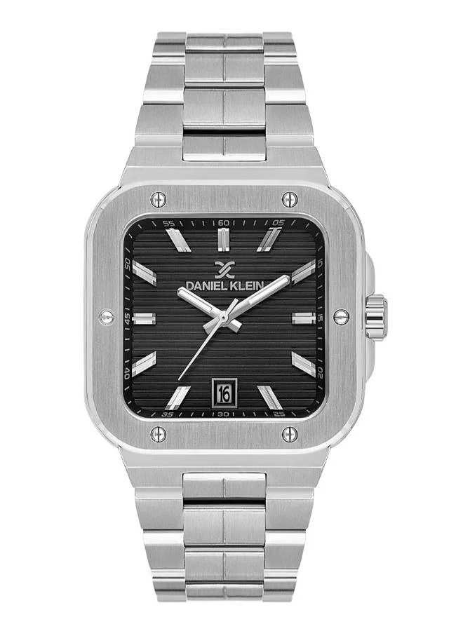 DANIEL KLEIN Men's Stainless Steel Silver Brass Case Analog Black Square Emboss Dial Japanese Quartz Premium 50 Meters Water Resistant