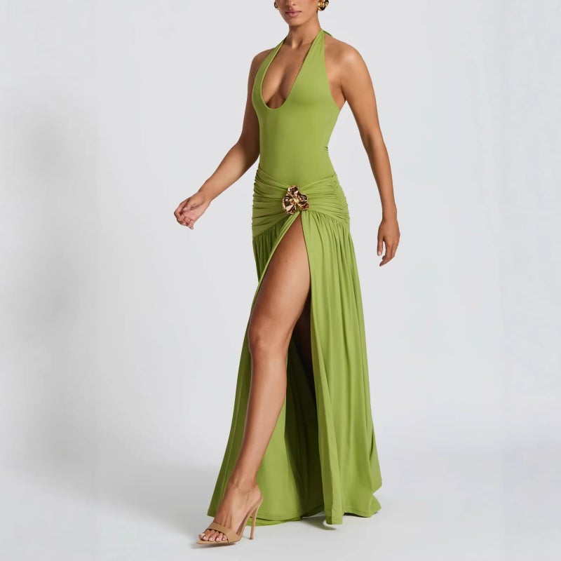 2026 New Women'S Halter Neck Sleeveless Slit Waist-Cinching Elegant Pleated Long Dress - Image 3