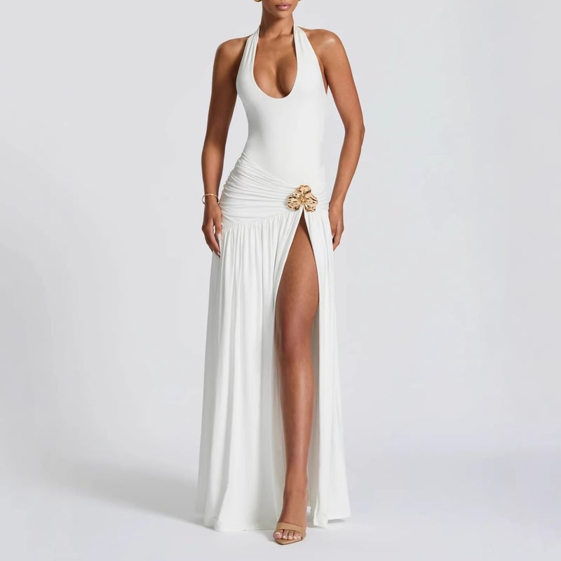 2026 New Women'S Halter Neck Sleeveless Slit Waist-Cinching Elegant Pleated Long Dress - Image 2