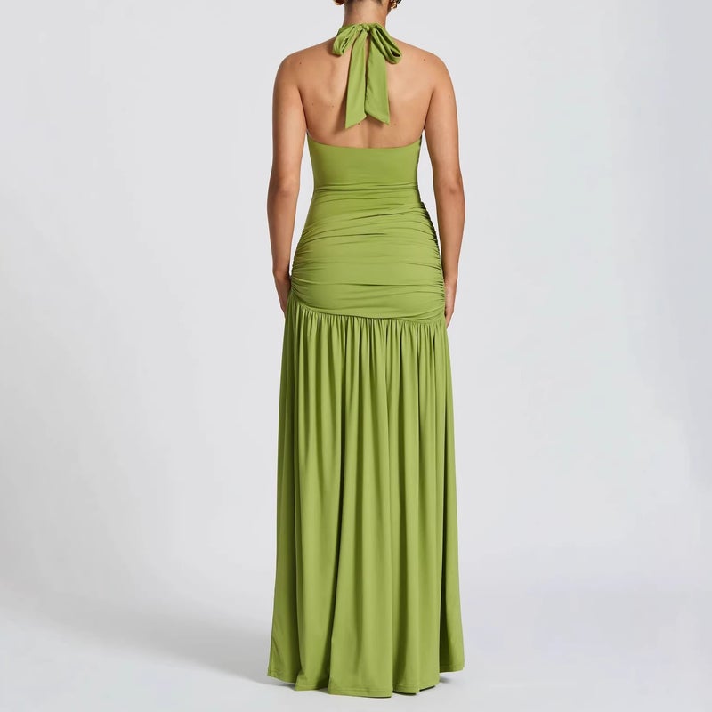 2026 New Women'S Halter Neck Sleeveless Slit Waist-Cinching Elegant Pleated Long Dress - Image 4