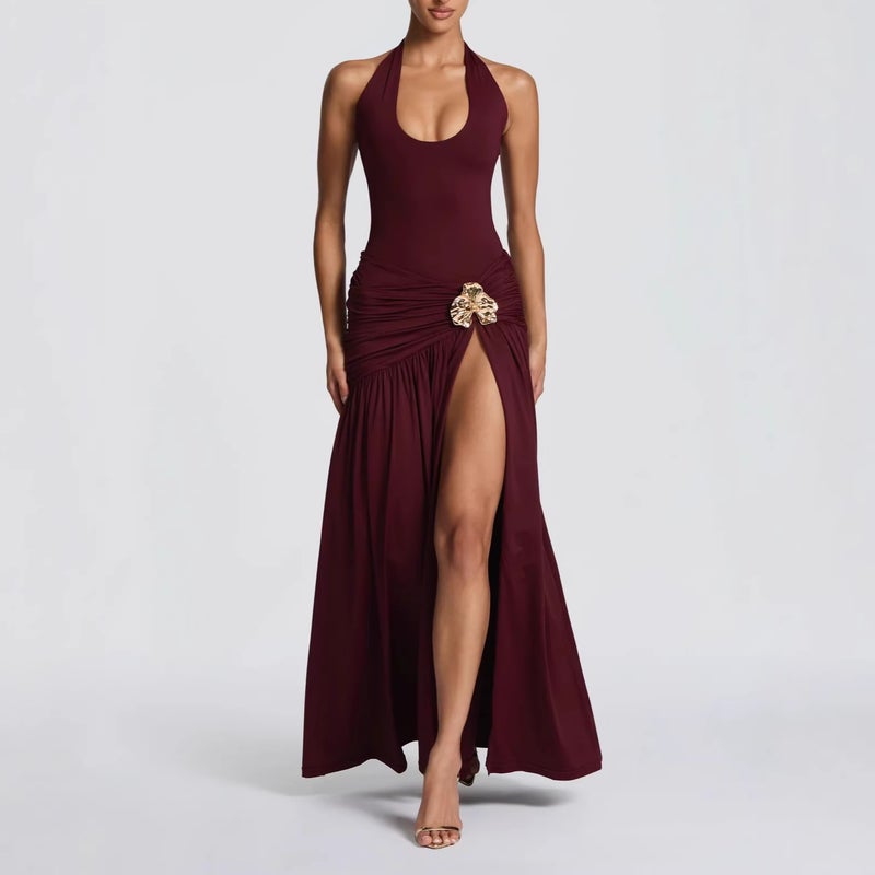 2026 New Women'S Halter Neck Sleeveless Slit Waist-Cinching Elegant Pleated Long Dress - Image 5