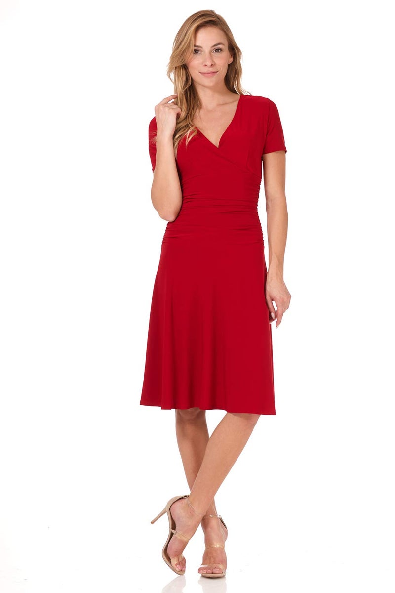 Rekucci Women's Slimming Short Sleeve Fit-N-Flare Crossover Tummy Control Dress (16, Cherry) - Image 1