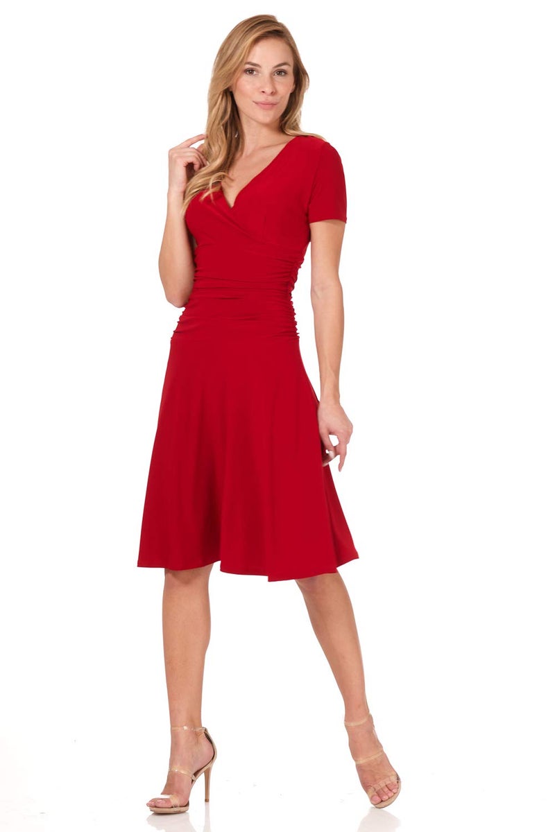 Rekucci Women's Slimming Short Sleeve Fit-N-Flare Crossover Tummy Control Dress (16, Cherry) - Image 4