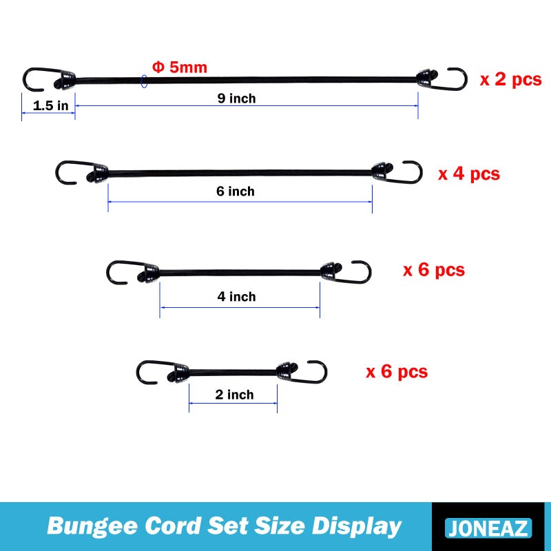 Joneaz Mini Bungee Cords with Hooks 2 inch 4 inch 6 inch 9 inch, Assorted 18-Piece Set Package of Small Bungee Cords - Image 2