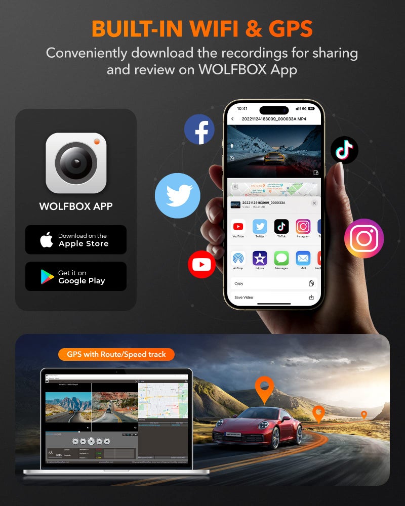 WOLFBOX كاميرا مرآة داش وولف بوكس G840H 12 بوصة مع ADAS و BSD، كاميرا مرآة خلفية أمامية وخلفية بدقة 2.5K، واي فاي 5.8GHz، تحكم صوتي، مراقبة وقوف، بطاقة 32GB مرفقة ونظام GPS، تسجيل متكرر - Image 3