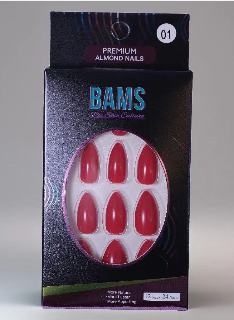 BAMS Pop Skin Culture BAMS Premium Almond Fake Nails in Red Shades, 12 Sizes & Easy Press-On  - Image 1