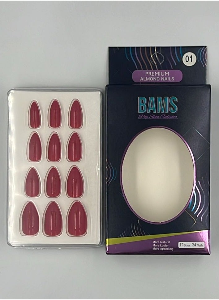 BAMS Pop Skin Culture BAMS Premium Almond Fake Nails in Red Shades, 12 Sizes & Easy Press-On  - Image 2