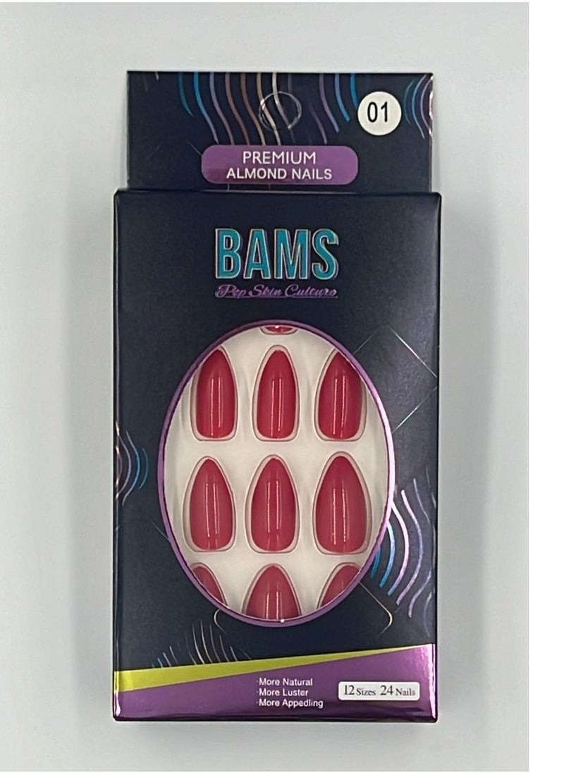 BAMS Pop Skin Culture BAMS Premium Almond Fake Nails in Red Shades, 12 Sizes & Easy Press-On  - Image 4