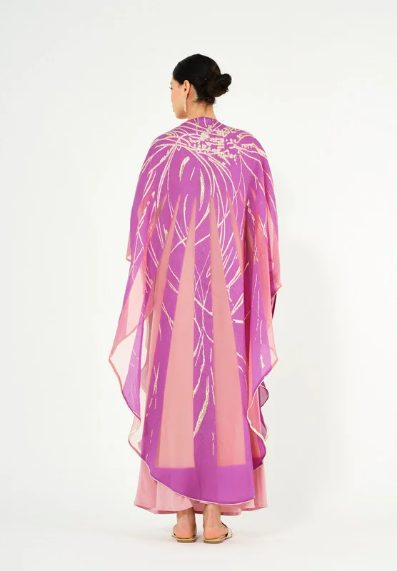 Thouq Beautiful Embroidered chiffon Jalabiya With Cowl Neckline With Long