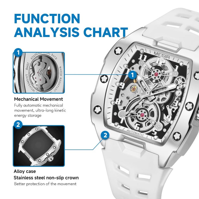 MEGIR Automatic Mechanical Men Watch, Silicone Band, 43x50mm Alloy Case, 3ATM Water Resistant, Luminous Hands, White - Image 2