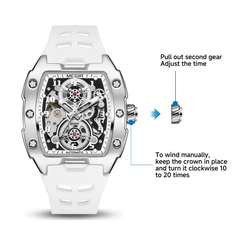 MEGIR Automatic Mechanical Men Watch, Silicone Band, 43x50mm Alloy Case, 3ATM Water Resistant, Luminous Hands, White - Image 3