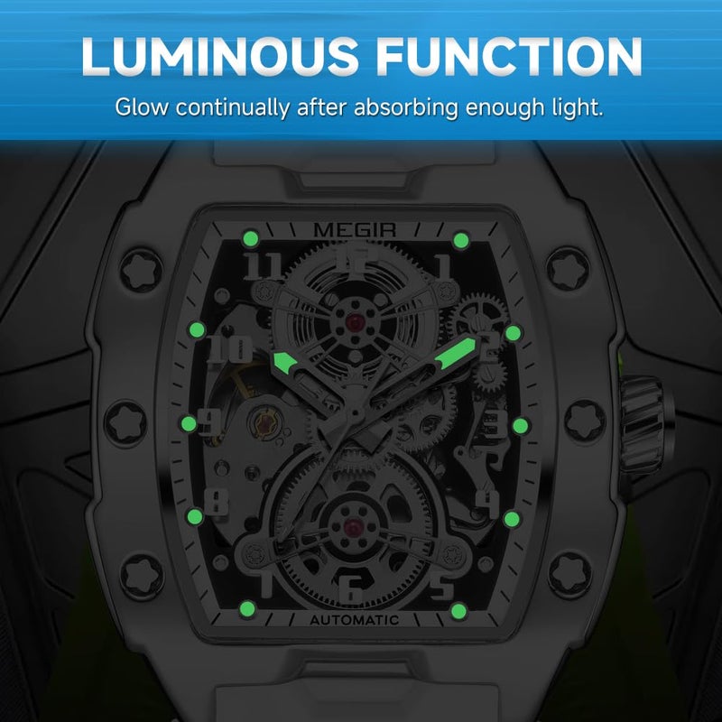 MEGIR Automatic Mechanical Men Watch, Silicone Band, 43x50mm Alloy Case, 3ATM Water Resistant, Luminous Hands, White - Image 5